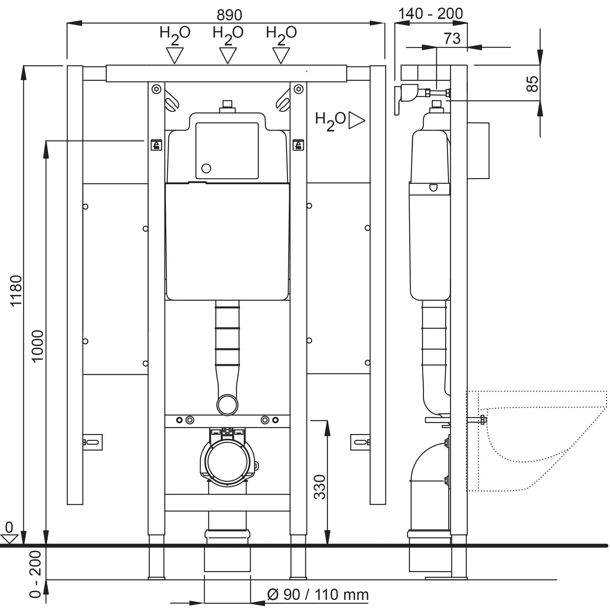 WISA XS-L WC-Element 118 cm mit Halteplatten